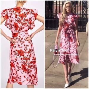 🌸 Zara Women’s Midi Dress XS Pink Red Floral Button Down Ruffle Fall Boho